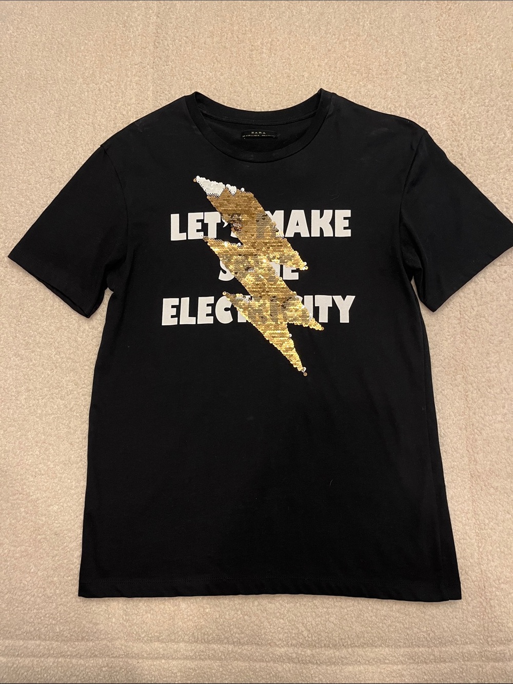 Zara Black Short Sleeve Tee with Gold Sequin Lightning Graphic